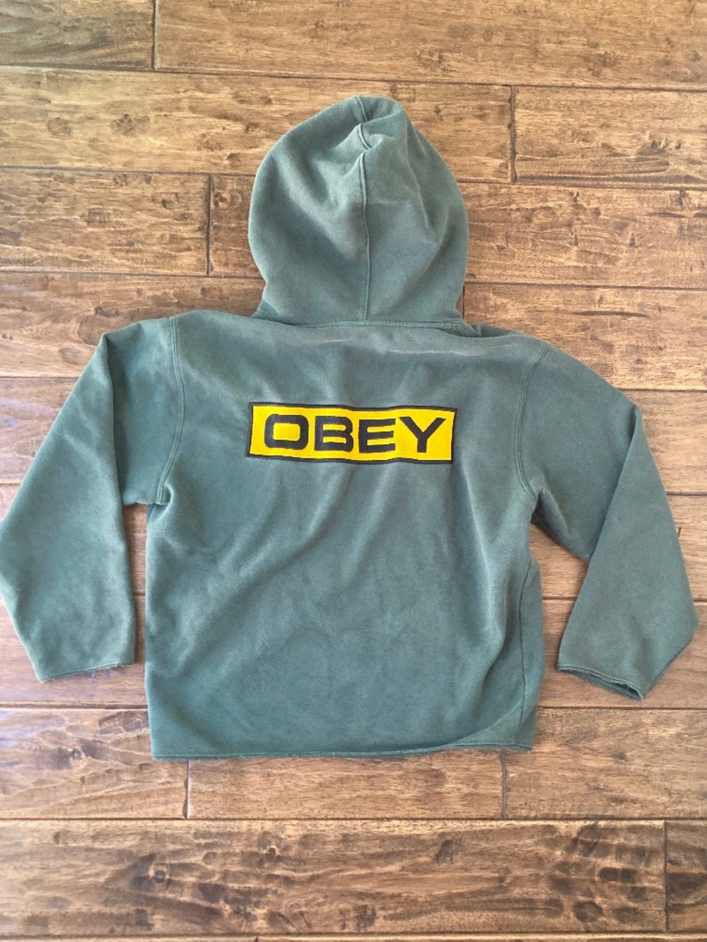 Vtg Obey Hoodie Green Gold Spellout Embroidered Patch Small Y2K Grunge